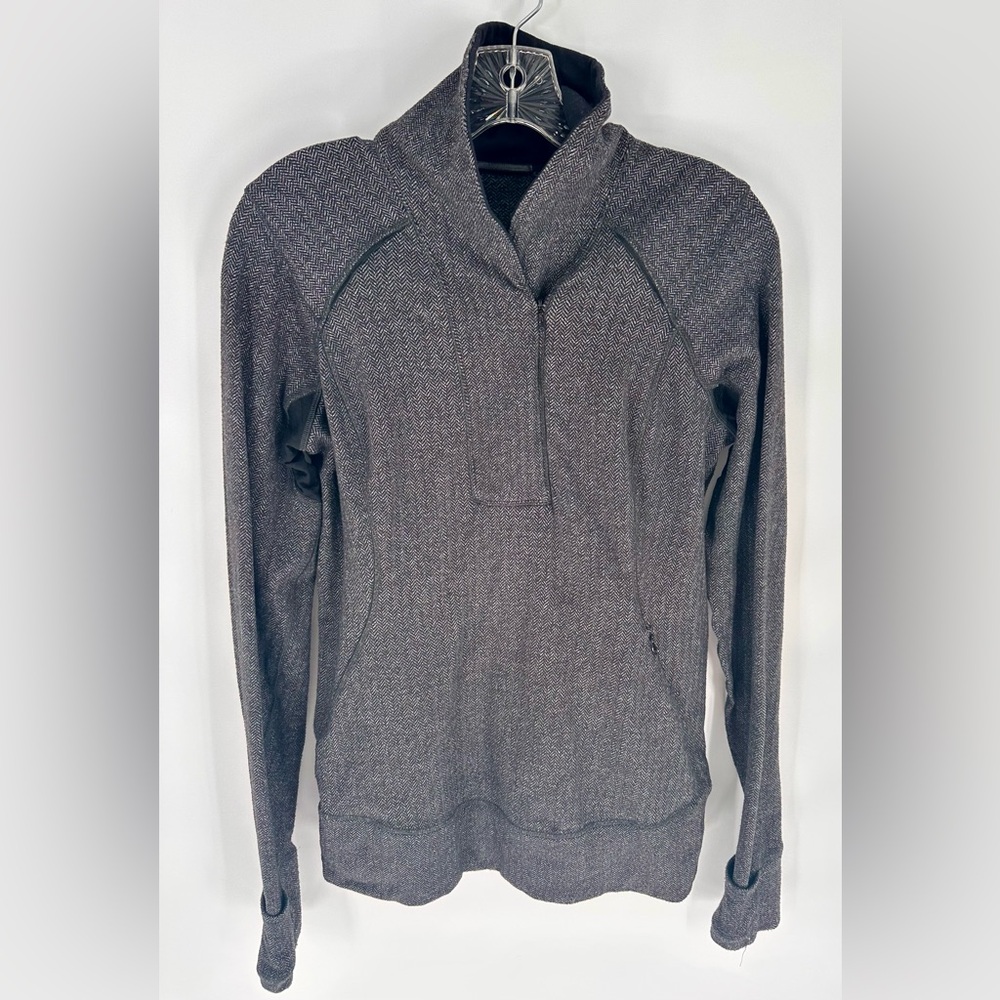 Lululemon Think Fast 1/4 Zip Pullover Heathered Herringbone Black Gray Size 6